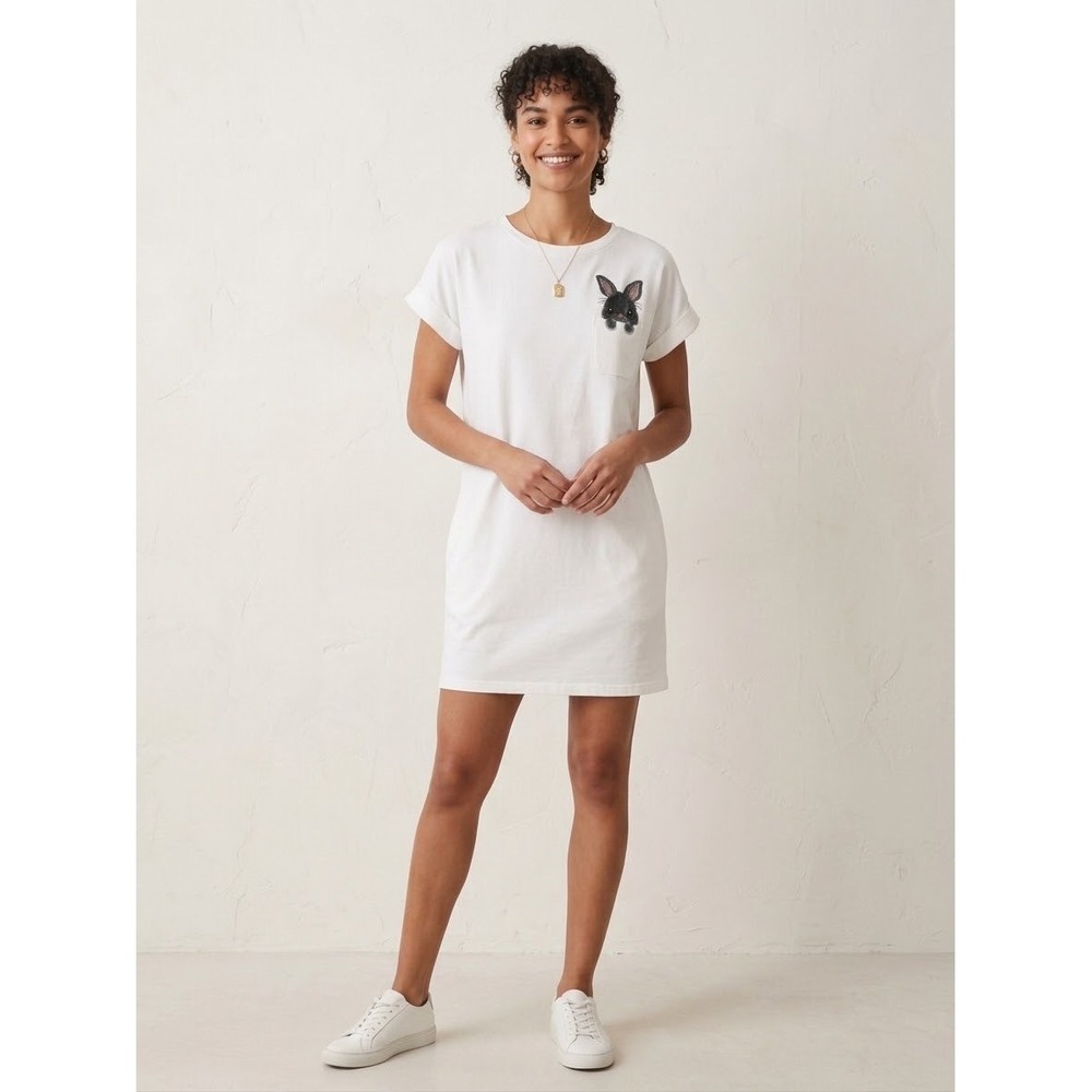 T-ONE Korea Design White T-Shirt Dress Embroidered Bunny Pocket Size M